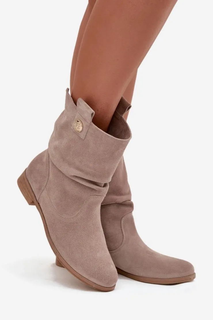 Sale Zazoo Skórzane Zamszowe Botki Damskie Z Marszczeniem Ocieplane 4210 Beżowe Beżowy