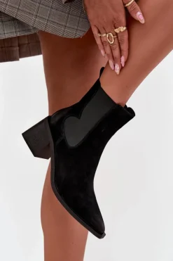 Damskie Artiker Skórzane Zamszowe Botki Damskie Na Słupku Ocieplane 57C0049 Czarne