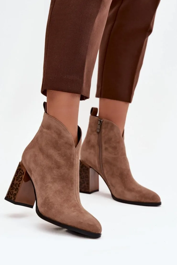 Damskie Boto Skórzane Zamszowe Botki Damskie Na Słupku Ocieplane Beżowe Zivella