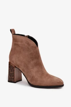 Damskie Boto Skórzane Zamszowe Botki Damskie Na Słupku Ocieplane Beżowe Zivella