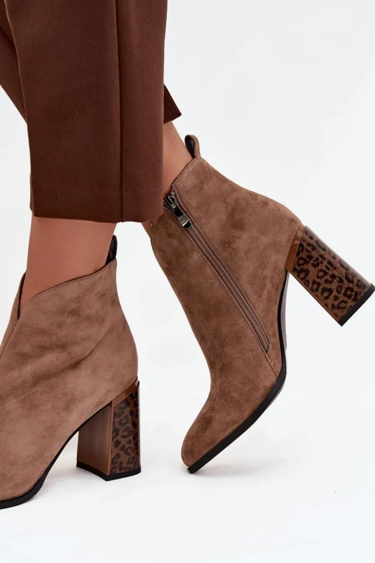 Damskie Boto Skórzane Zamszowe Botki Damskie Na Słupku Ocieplane Beżowe Zivella