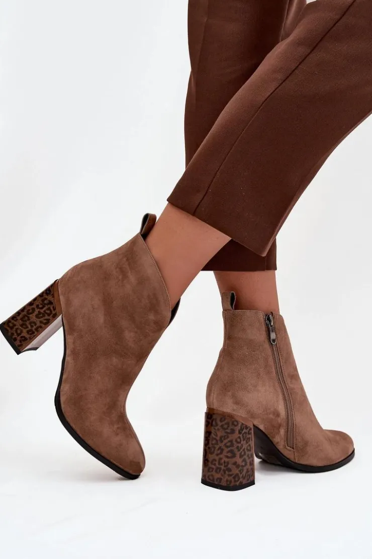 Damskie Boto Skórzane Zamszowe Botki Damskie Na Słupku Ocieplane Beżowe Zivella