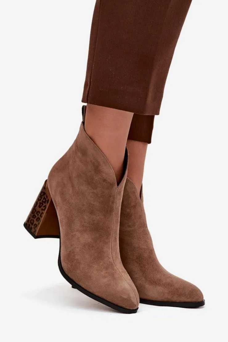 Damskie Boto Skórzane Zamszowe Botki Damskie Na Słupku Ocieplane Beżowe Zivella