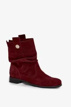 Damskie Zazoo Skórzane Zamszowe Botki Damskie Z Marszczeniem Ocieplane 4210 Bordowe