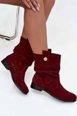 Damskie Zazoo Skórzane Zamszowe Botki Damskie Z Marszczeniem Ocieplane 4210 Bordowe