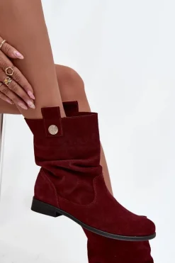 Damskie Zazoo Skórzane Zamszowe Botki Damskie Z Marszczeniem Ocieplane 4210 Bordowe