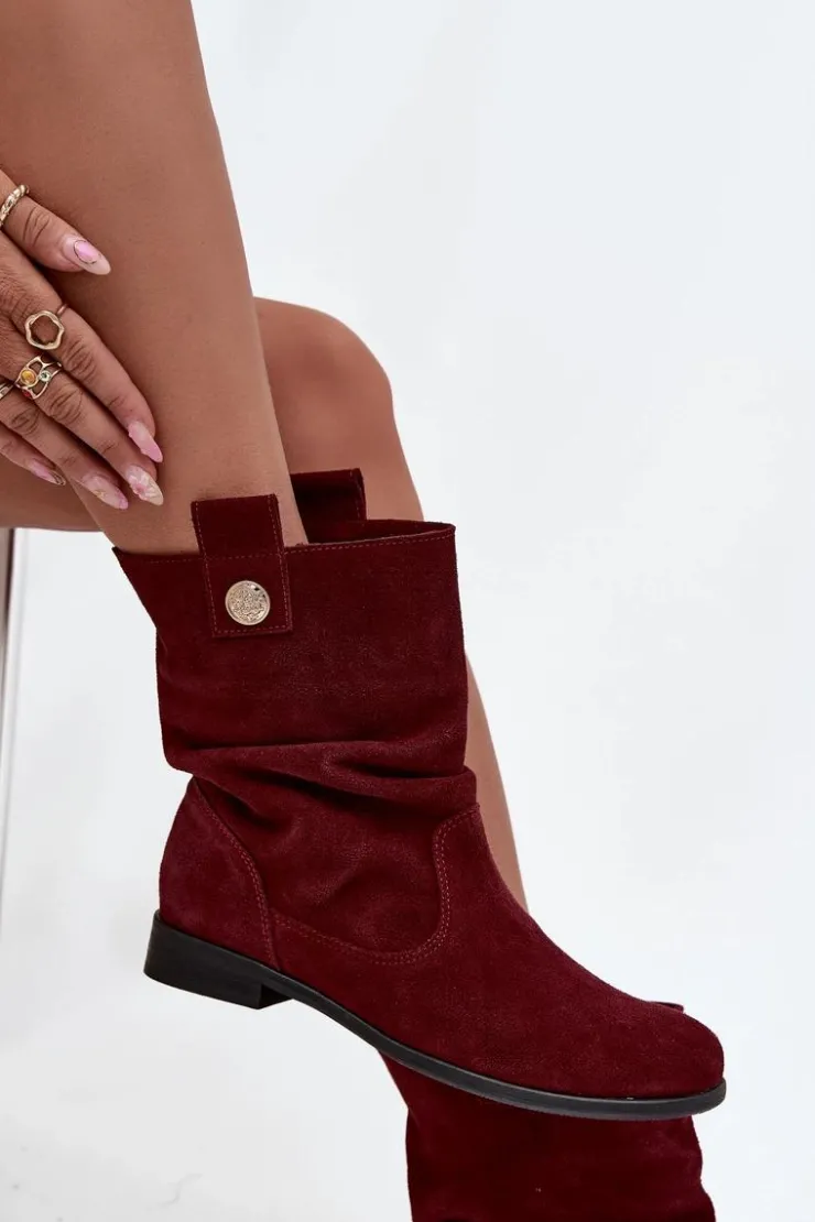 Damskie Zazoo Skórzane Zamszowe Botki Damskie Z Marszczeniem Ocieplane 4210 Bordowe