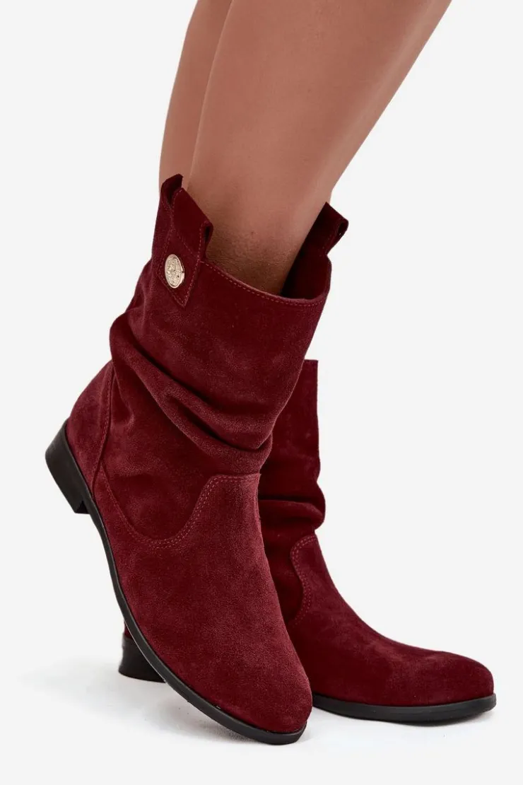 Damskie Zazoo Skórzane Zamszowe Botki Damskie Z Marszczeniem Ocieplane 4210 Bordowe