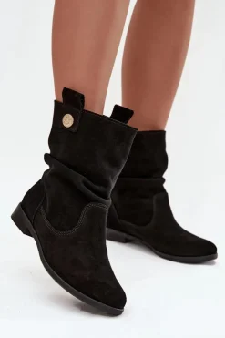 Zazoo Botki Ocieplane|Botki Płaskie*Skórzane Zamszowe Botki Damskie Z Marszczeniem Ocieplane 4210 Czarne Czarny