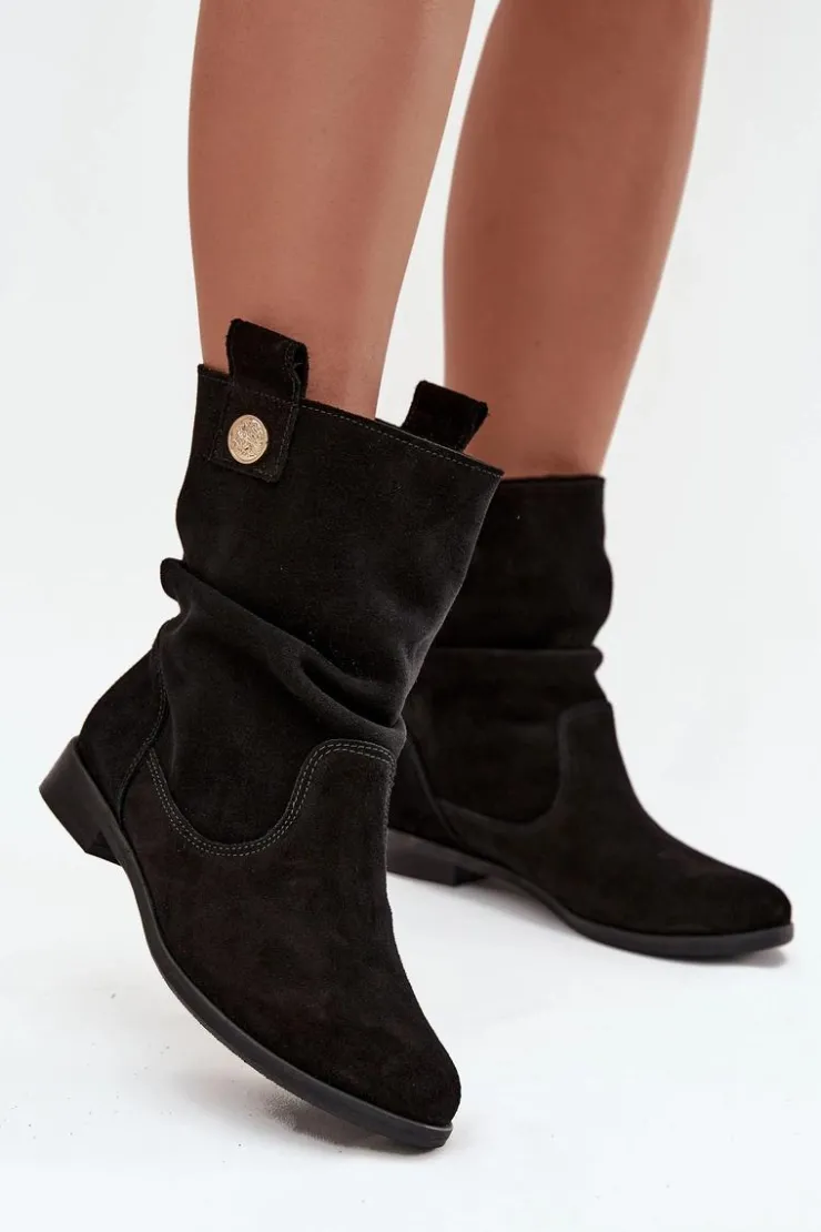 Zazoo Botki Ocieplane|Botki Płaskie*Skórzane Zamszowe Botki Damskie Z Marszczeniem Ocieplane 4210 Czarne Czarny