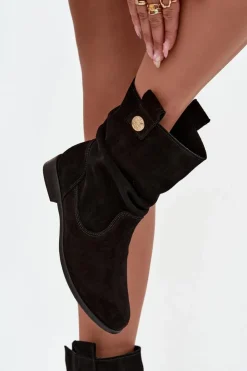 Zazoo Botki Ocieplane|Botki Płaskie*Skórzane Zamszowe Botki Damskie Z Marszczeniem Ocieplane 4210 Czarne Czarny