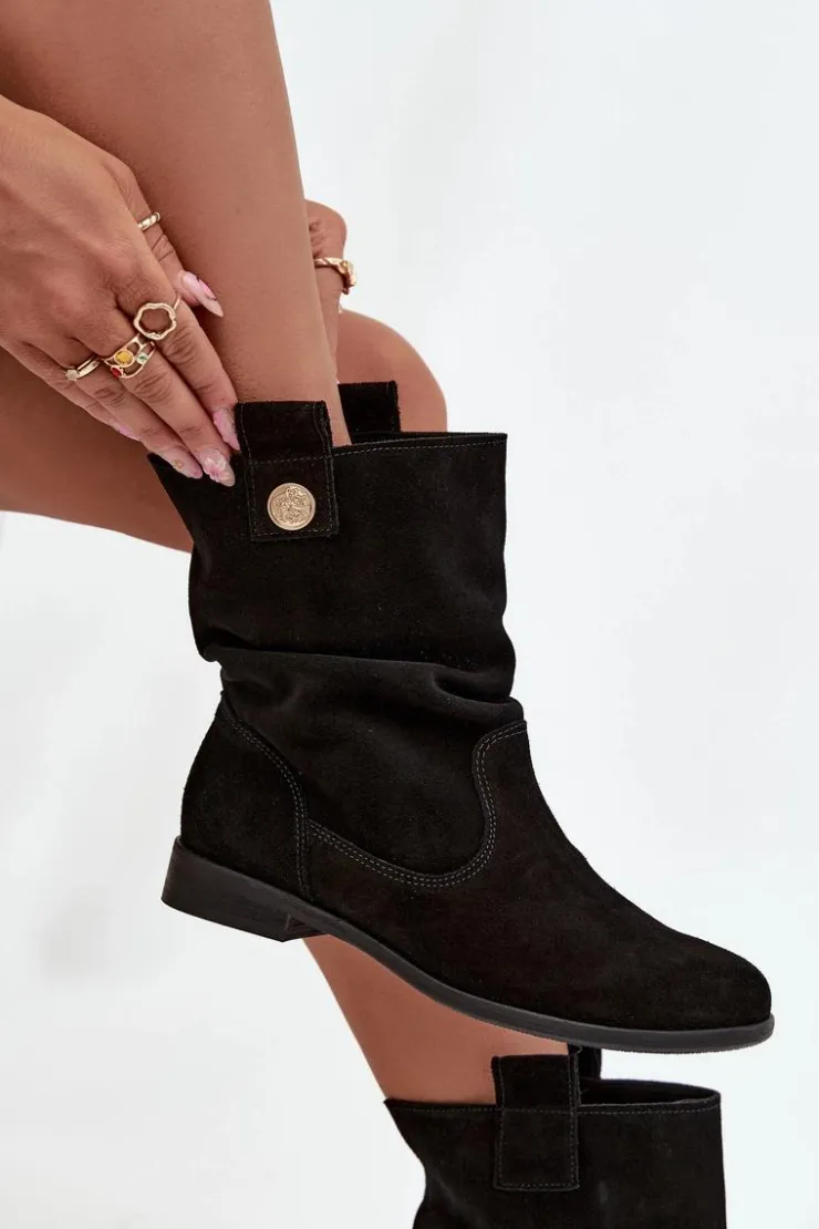 Zazoo Botki Ocieplane|Botki Płaskie*Skórzane Zamszowe Botki Damskie Z Marszczeniem Ocieplane 4210 Czarne Czarny