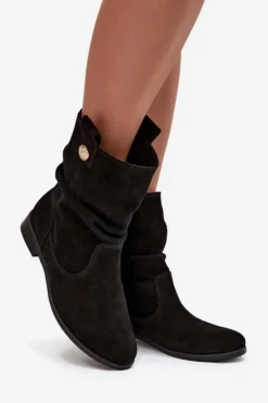 Zazoo Botki Ocieplane|Botki Płaskie*Skórzane Zamszowe Botki Damskie Z Marszczeniem Ocieplane 4210 Czarne Czarny