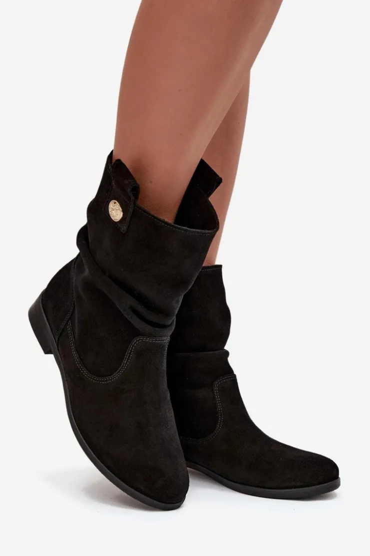 Zazoo Botki Ocieplane|Botki Płaskie*Skórzane Zamszowe Botki Damskie Z Marszczeniem Ocieplane 4210 Czarne Czarny