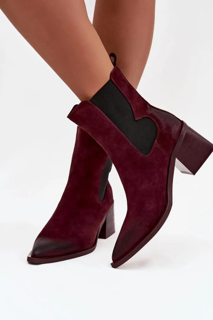 Sale Artiker Skórzane Zamszowe Botki Damskie Na Słupku Ocieplane 57C0048 Bordowe Czerwony