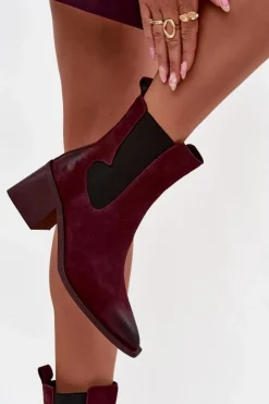 Sale Artiker Skórzane Zamszowe Botki Damskie Na Słupku Ocieplane 57C0048 Bordowe Czerwony