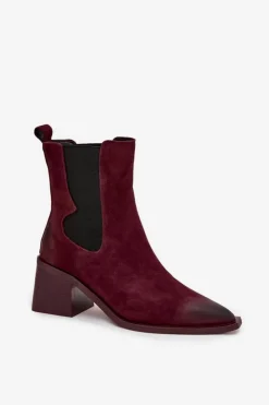 Sale Artiker Skórzane Zamszowe Botki Damskie Na Słupku Ocieplane 57C0048 Bordowe Czerwony