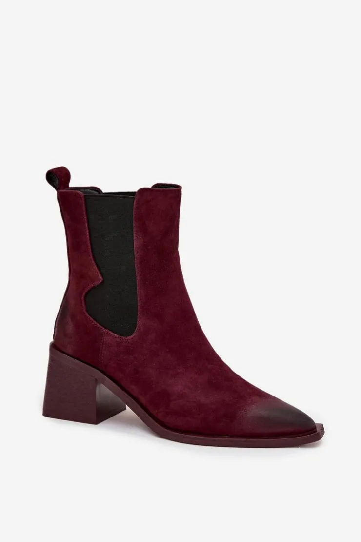 Sale Artiker Skórzane Zamszowe Botki Damskie Na Słupku Ocieplane 57C0048 Bordowe Czerwony