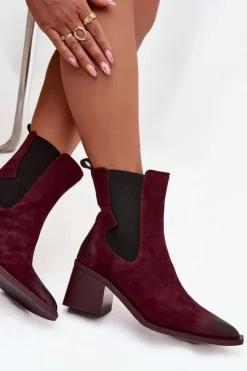 Sale Artiker Skórzane Zamszowe Botki Damskie Na Słupku Ocieplane 57C0048 Bordowe Czerwony