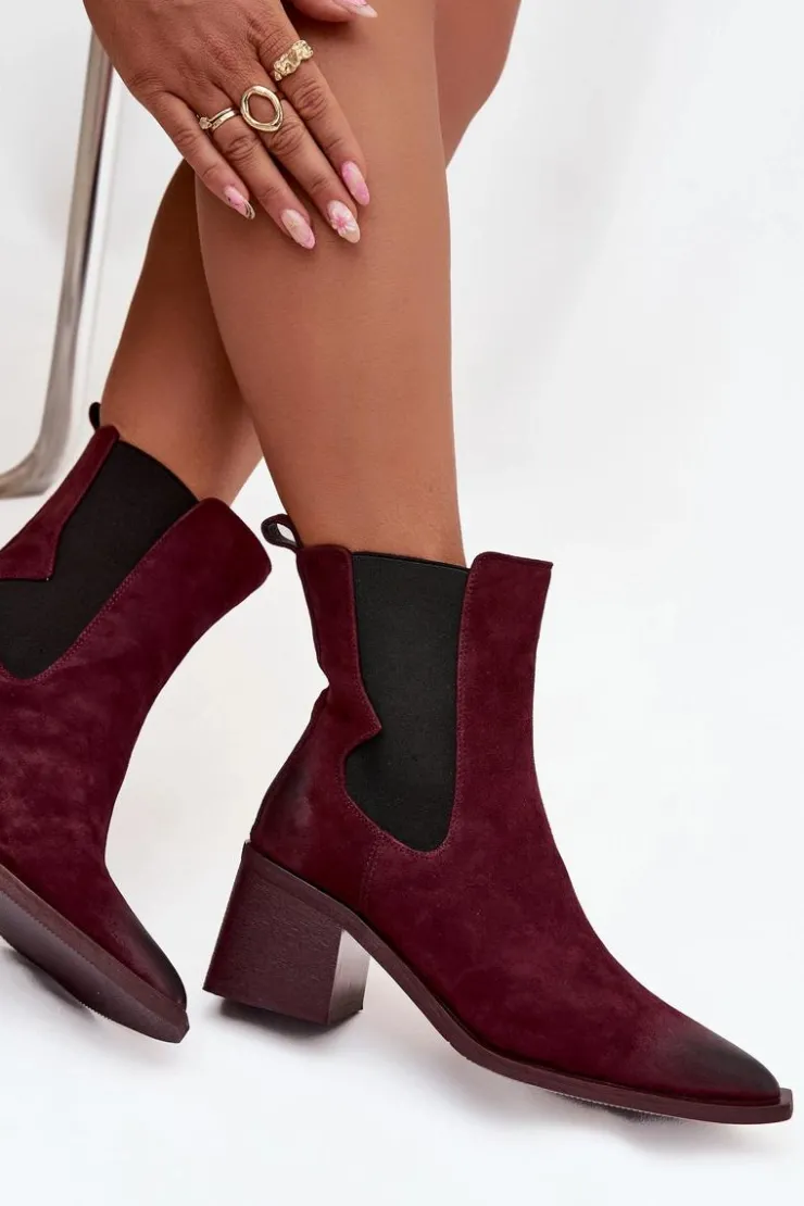 Sale Artiker Skórzane Zamszowe Botki Damskie Na Słupku Ocieplane 57C0048 Bordowe Czerwony