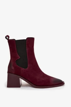 Sale Artiker Skórzane Zamszowe Botki Damskie Na Słupku Ocieplane 57C0048 Bordowe Czerwony