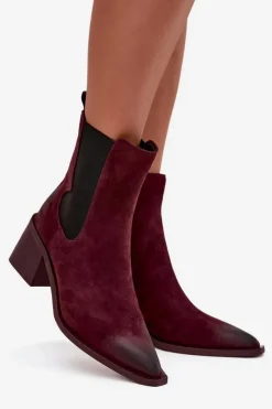 Sale Artiker Skórzane Zamszowe Botki Damskie Na Słupku Ocieplane 57C0048 Bordowe Czerwony