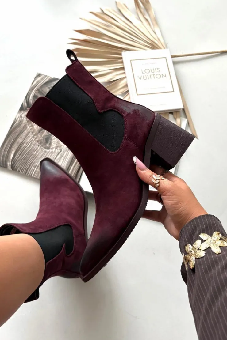 Sale Artiker Skórzane Zamszowe Botki Damskie Na Słupku Ocieplane 57C0048 Bordowe Czerwony