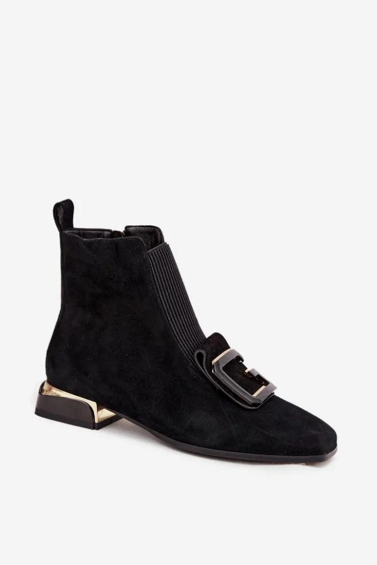 Discount D&A Skórzane Zamszowe Botki Damskie Na Niskim Obcasie Z Ozdobą MR52-217 Czarne Czarny