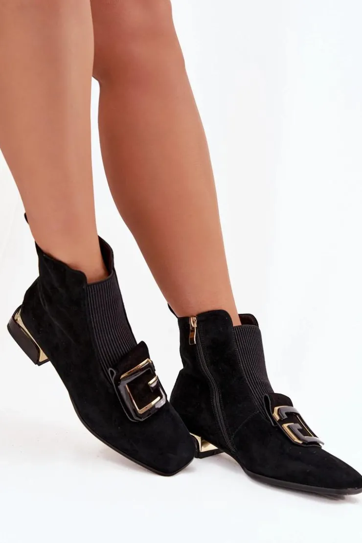 Discount D&A Skórzane Zamszowe Botki Damskie Na Niskim Obcasie Z Ozdobą MR52-217 Czarne Czarny