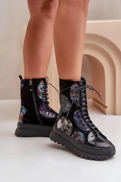 Maciejka Botki Maciejka|Damskie Trapery*Skórzane Zamszowe Botki Na Platformie Ocieplane 06565-01 Czarne