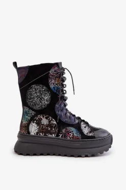 Maciejka Botki Maciejka|Damskie Trapery*Skórzane Zamszowe Botki Na Platformie Ocieplane 06565-01 Czarne