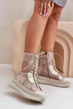 Maciejka Botki Maciejka|Damskie Trapery*Skórzane Zamszowe Botki Na Platformie Ocieplane 06565-04 Beżowe Beżowy