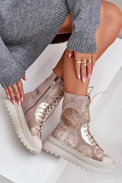 Maciejka Botki Maciejka|Damskie Trapery*Skórzane Zamszowe Botki Na Platformie Ocieplane 06565-04 Beżowe Beżowy