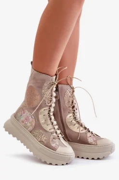 Maciejka Botki Maciejka|Damskie Trapery*Skórzane Zamszowe Botki Na Platformie Ocieplane 06565-04 Beżowe Beżowy