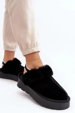 Damskie Boto Skórzane Zamszowe Kapcie Damskie Na Platformie Z Futerkiem Czarne Sophienne