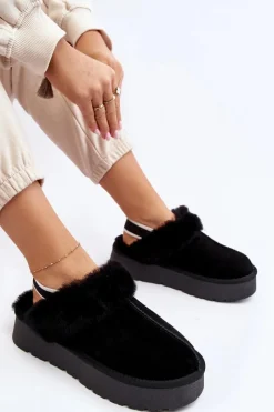 Damskie Boto Skórzane Zamszowe Kapcie Damskie Na Platformie Z Futerkiem Czarne Sophienne