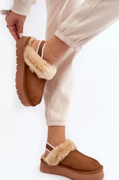 Boto Kapcie Klasyczne*Skórzane Zamszowe Kapcie Damskie Na Platformie Z Futerkiem Camel Sophienne Brązowy