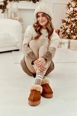 Boto Kapcie Klasyczne*Skórzane Zamszowe Kapcie Damskie Na Platformie Z Futerkiem Camel Sophienne Brązowy