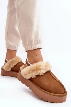Boto Kapcie Klasyczne*Skórzane Zamszowe Kapcie Damskie Na Platformie Z Futerkiem Camel Sophienne Brązowy