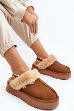Boto Kapcie Klasyczne*Skórzane Zamszowe Kapcie Damskie Na Platformie Z Futerkiem Camel Sophienne Brązowy