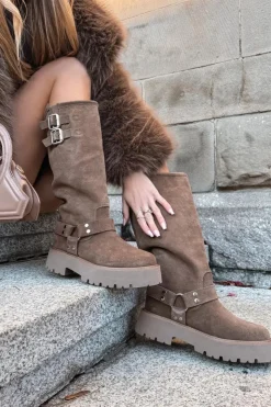 Clearance Big Star Shoes Skórzane Zamszowe Kozaki Damskie Z Klamrami Ocieplane Big Star OO274A182 Beżowe Beżowy