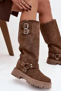 Clearance Big Star Shoes Skórzane Zamszowe Kozaki Damskie Z Klamrami Ocieplane Big Star OO274A182 Beżowe Beżowy