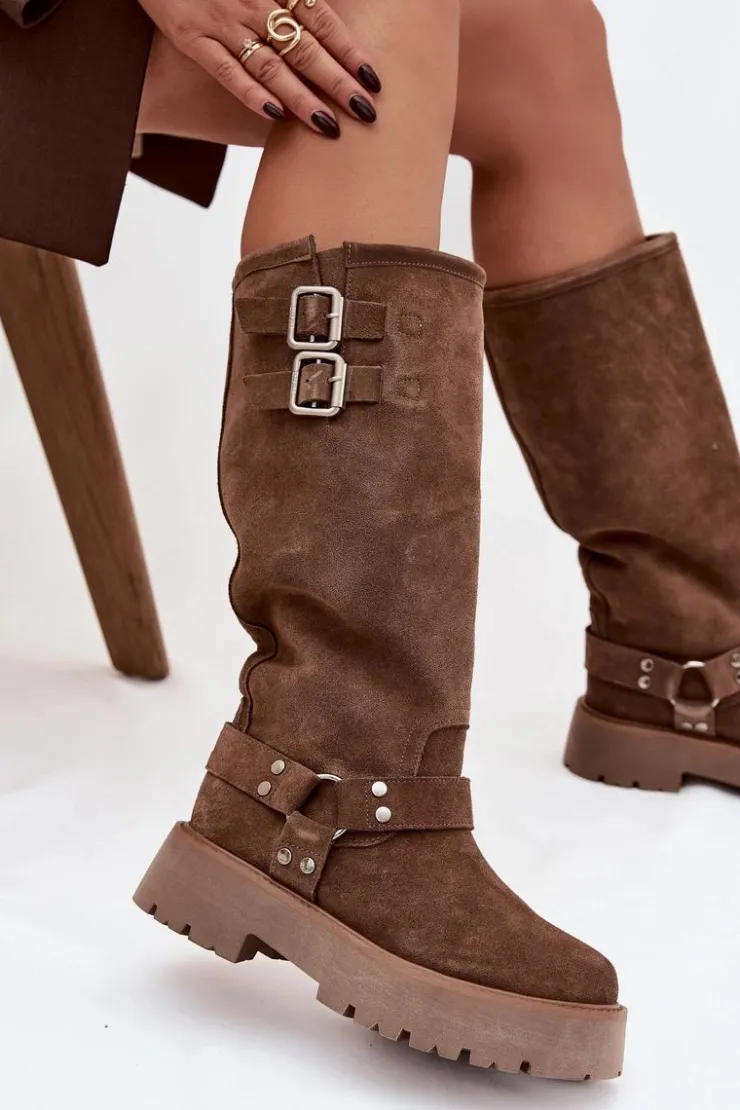 Clearance Big Star Shoes Skórzane Zamszowe Kozaki Damskie Z Klamrami Ocieplane Big Star OO274A182 Beżowe Beżowy