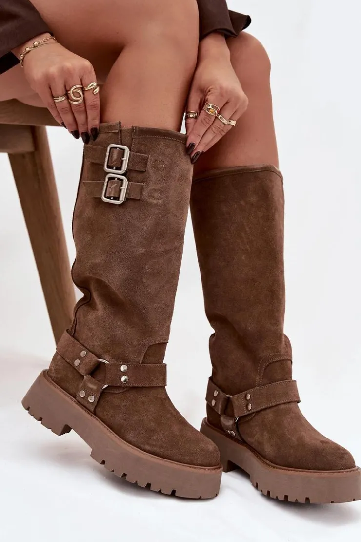 Clearance Big Star Shoes Skórzane Zamszowe Kozaki Damskie Z Klamrami Ocieplane Big Star OO274A182 Beżowe Beżowy