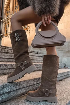 Clearance Big Star Shoes Skórzane Zamszowe Kozaki Damskie Z Klamrami Ocieplane Big Star OO274A182 Beżowe Beżowy