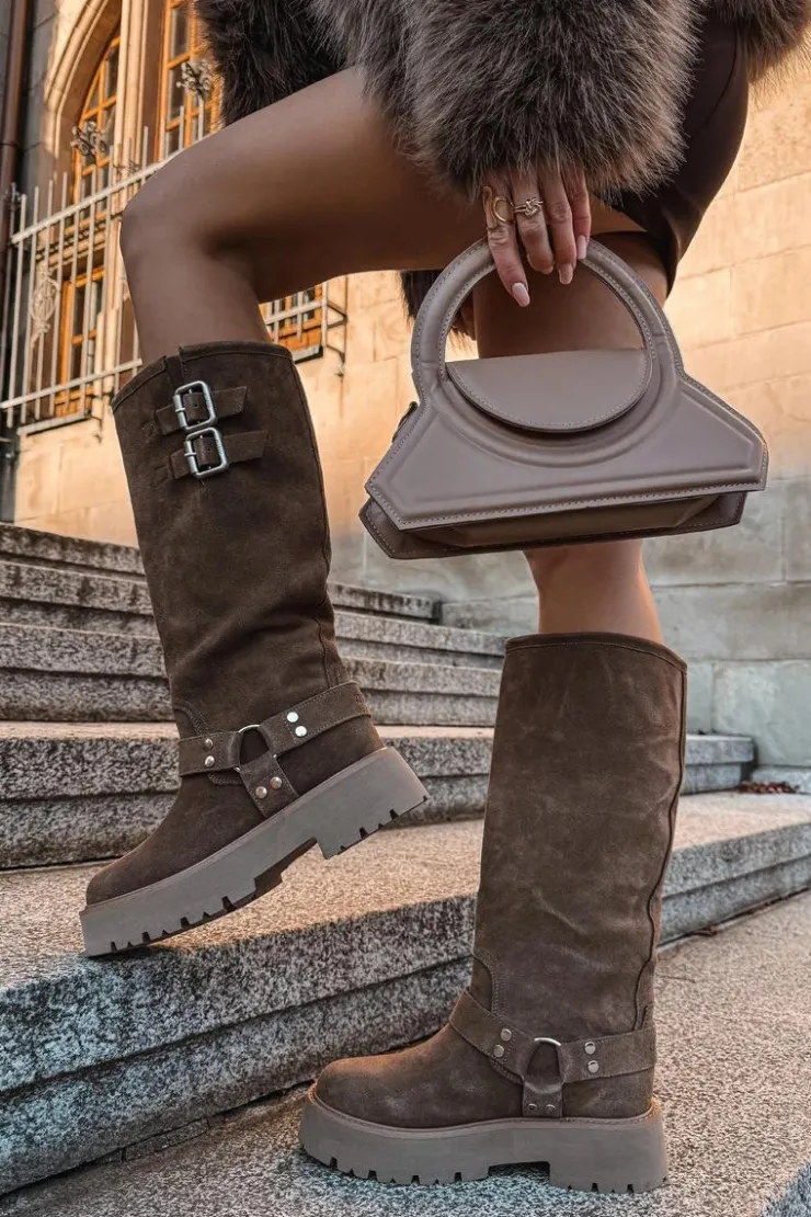 Clearance Big Star Shoes Skórzane Zamszowe Kozaki Damskie Z Klamrami Ocieplane Big Star OO274A182 Beżowe Beżowy