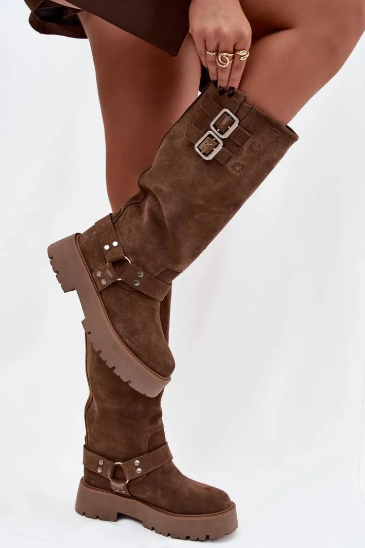 Clearance Big Star Shoes Skórzane Zamszowe Kozaki Damskie Z Klamrami Ocieplane Big Star OO274A182 Beżowe Beżowy