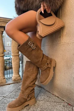 Clearance Big Star Shoes Skórzane Zamszowe Kozaki Damskie Z Klamrami Ocieplane Big Star OO274A182 Beżowe Beżowy