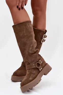 Clearance Big Star Shoes Skórzane Zamszowe Kozaki Damskie Z Klamrami Ocieplane Big Star OO274A182 Beżowe Beżowy