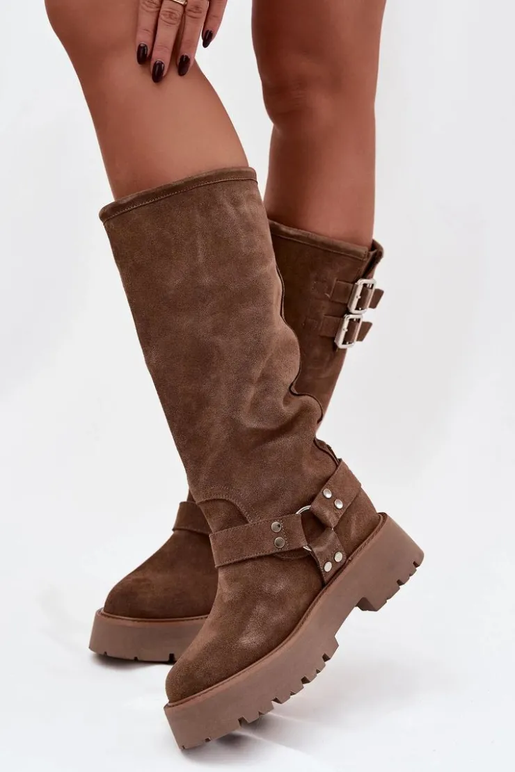 Clearance Big Star Shoes Skórzane Zamszowe Kozaki Damskie Z Klamrami Ocieplane Big Star OO274A182 Beżowe Beżowy